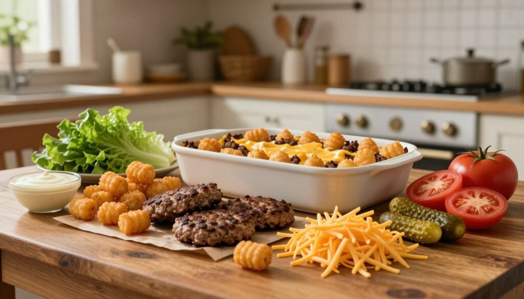 Comfort food ingredients for Big Mac Tater Tot Casserole