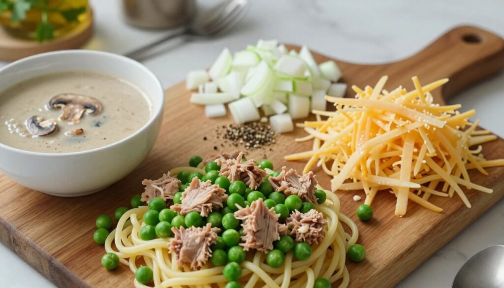 Essential ingredients for a delicious tuna casserole recipe Essential ingredients for a delicious tuna casserole recipe