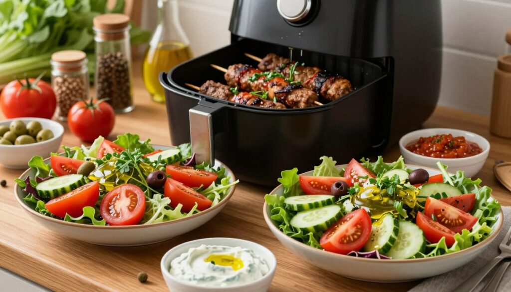 Healthy air fryer recipes with Mediterranean salads and dipping sauces