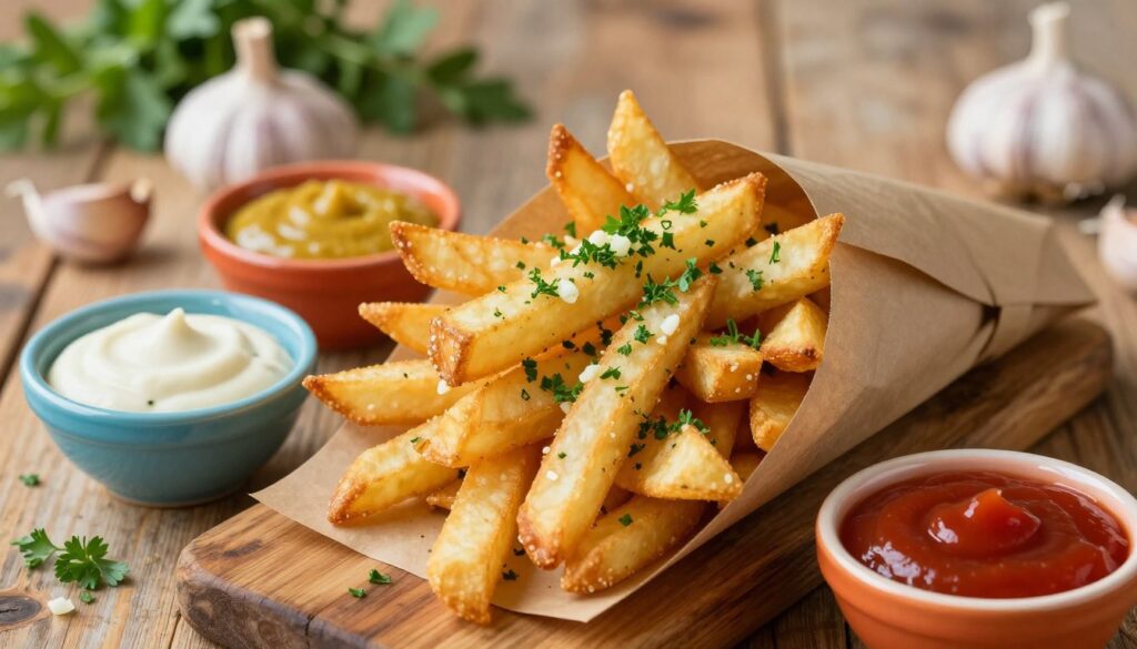 Irresistible garlic fries served with dipping sauces