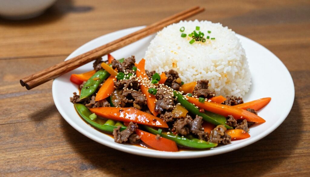 Korean stir fry dish with rice and vegetables Korean stir fry dish with rice and vegetables