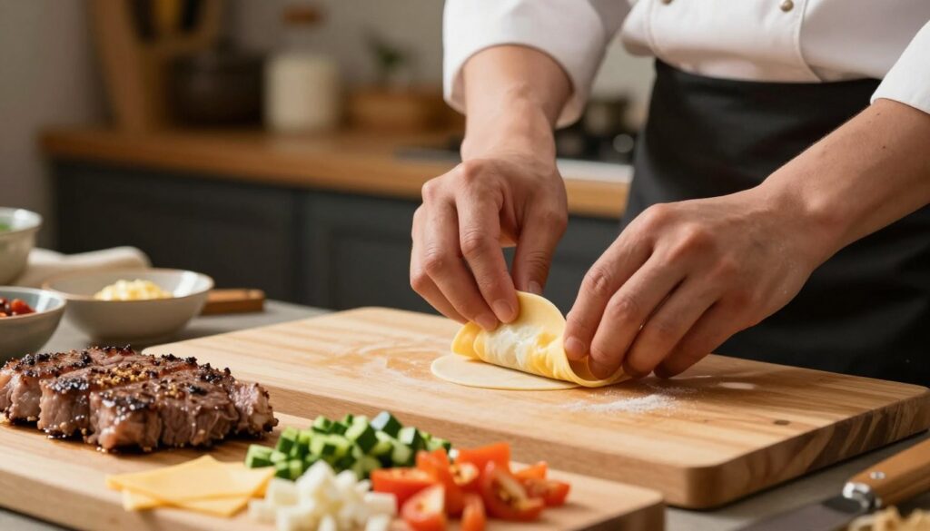 Mastering the folding technique for steak and cheese eggrolls Mastering the folding technique for steak and cheese eggrolls