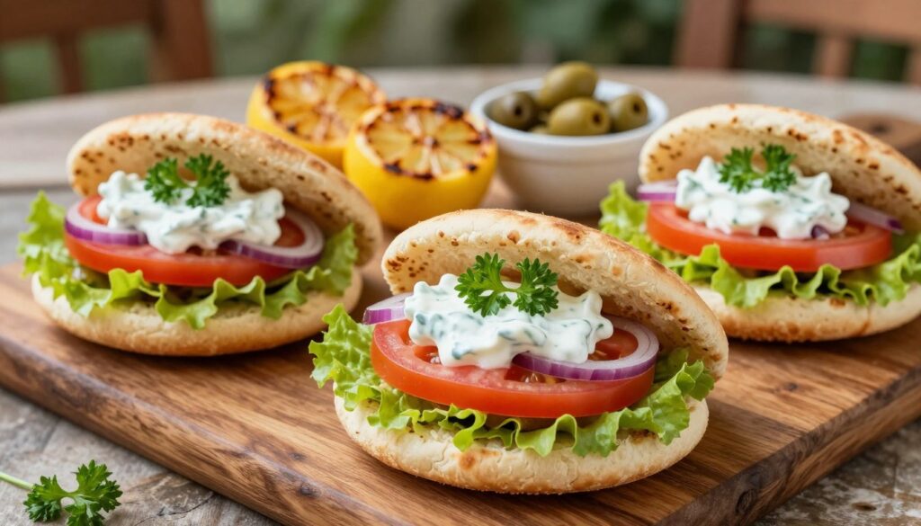 Mediterranean burgers served on pita bread with toppings Mediterranean burgers served on pita bread with toppings