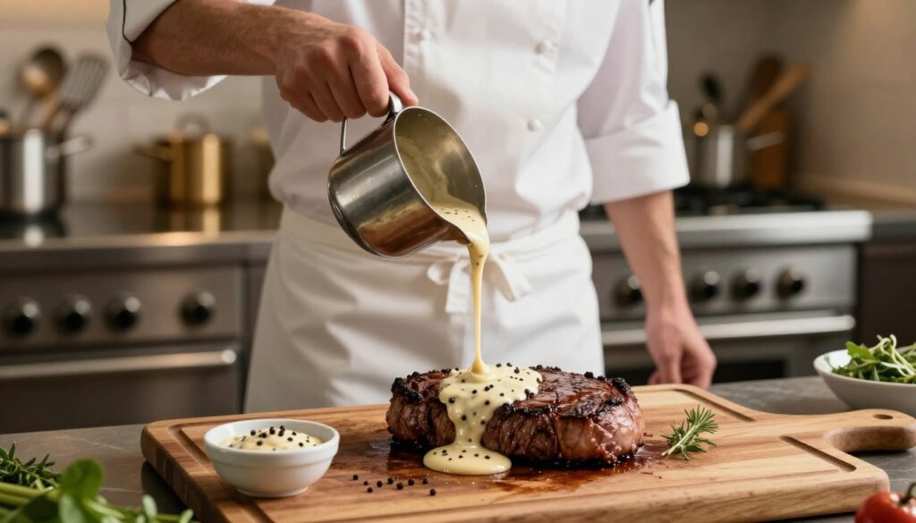 Preparing steak with creamy peppercorn sauce