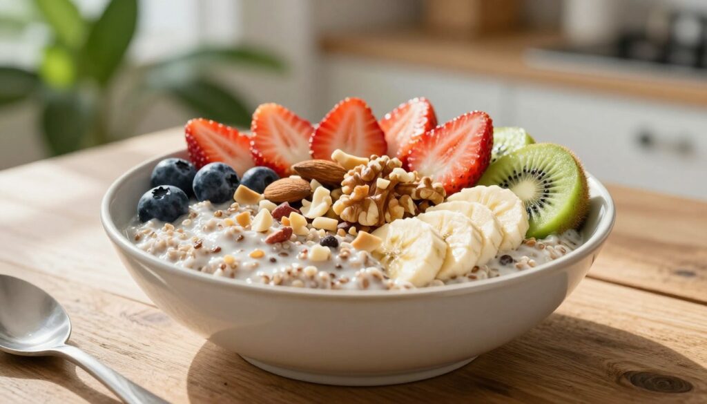 Vegan breakfast bowl with fresh fruit and nuts Vegan breakfast bowl with fresh fruit and nuts