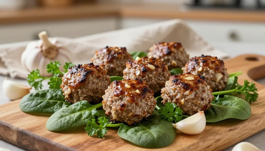 garlic meatballs with fresh spinach garlic meatballs with fresh spinach