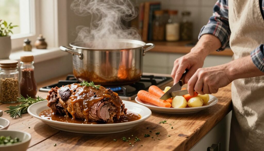 homemade pot roast and gravy preparation