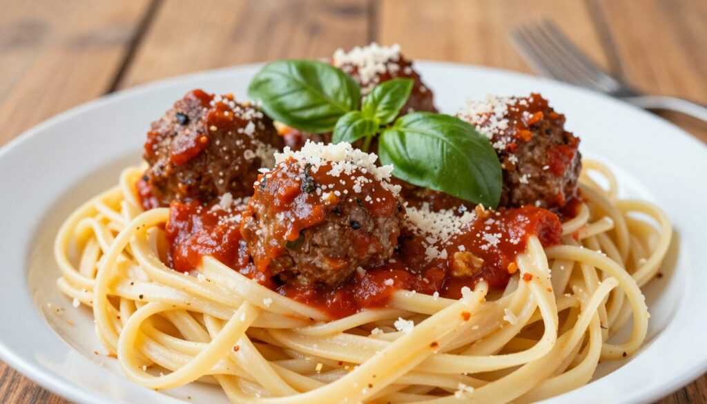 italian meatballs on parmesan noodles
