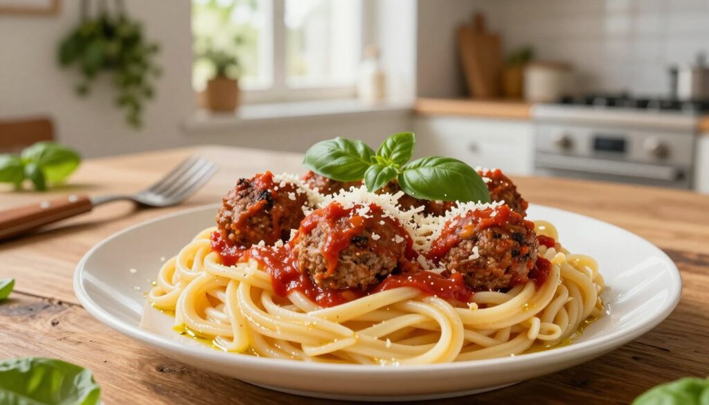 italian meatballs on parmesan noodles