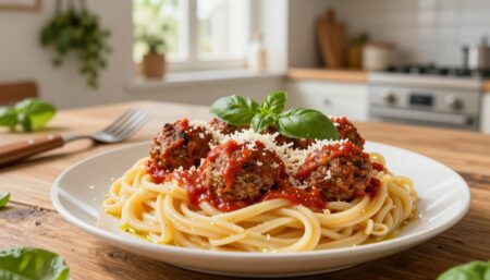 italian meatballs on parmesan noodles