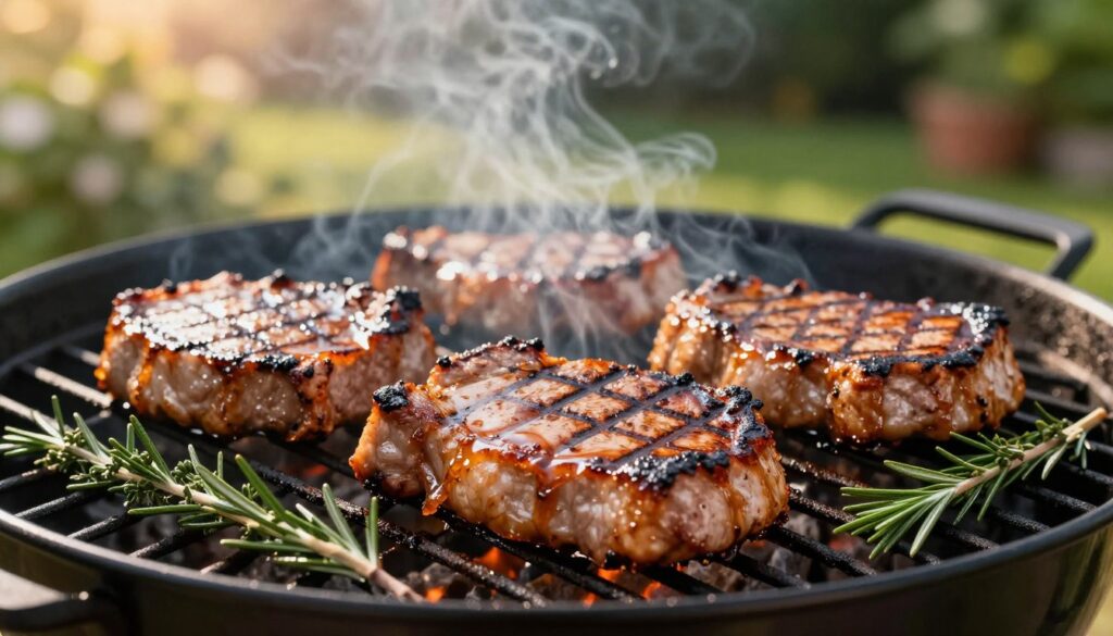 Juicy pork chops on a grill Juicy pork chops on a grill