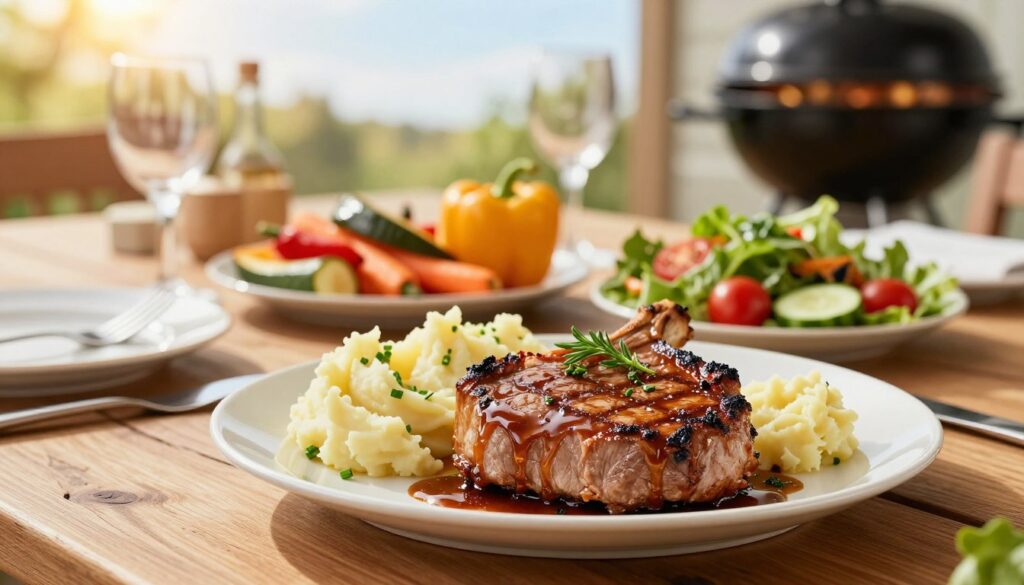 Tasty pork chop dinner with sides Tasty pork chop dinner with sides