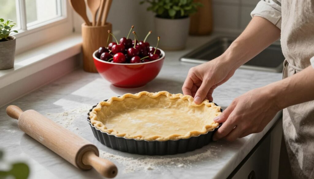 Crafting a flaky pie crust for baking with cherries Crafting a flaky pie crust for baking with cherries