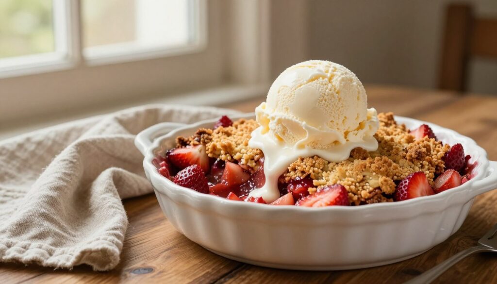 Delicious strawberry rhubarb crisp served with ice cream
