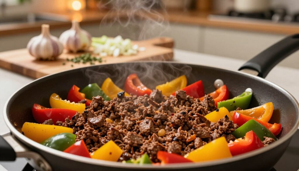 Ground beef and bell peppers for one-pot dish Ground beef and bell peppers for one-pot dish