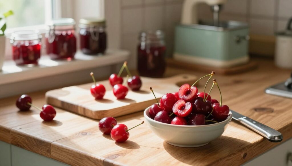 Preparing cherries for cherry ice cream recipe