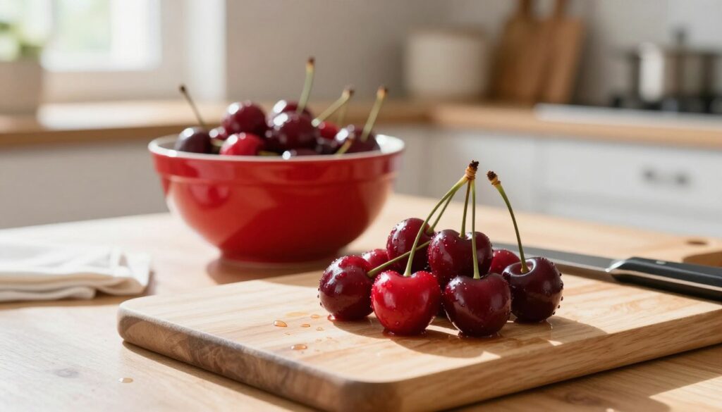 Preparing fresh cherries for easy cherry brownie recipe Preparing fresh cherries for easy cherry brownie recipe