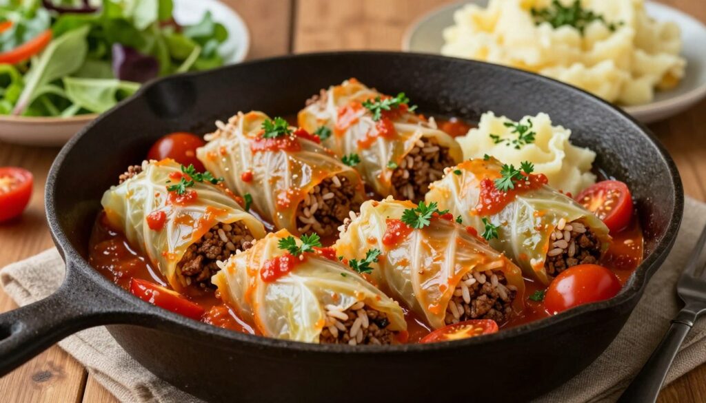 Savory Cabbage Roll Skillet served with sides and garnishes