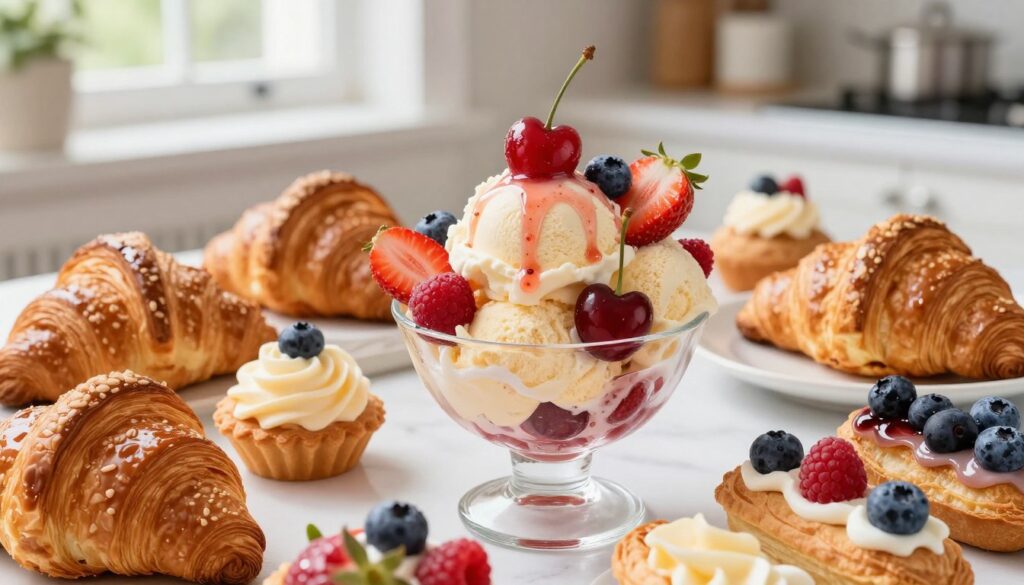 fresh fruit ice cream with pastries