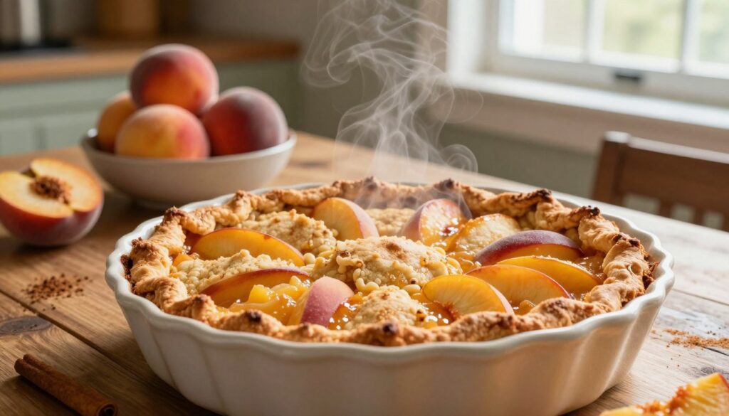 traditional peach cobbler with even fruit distribution