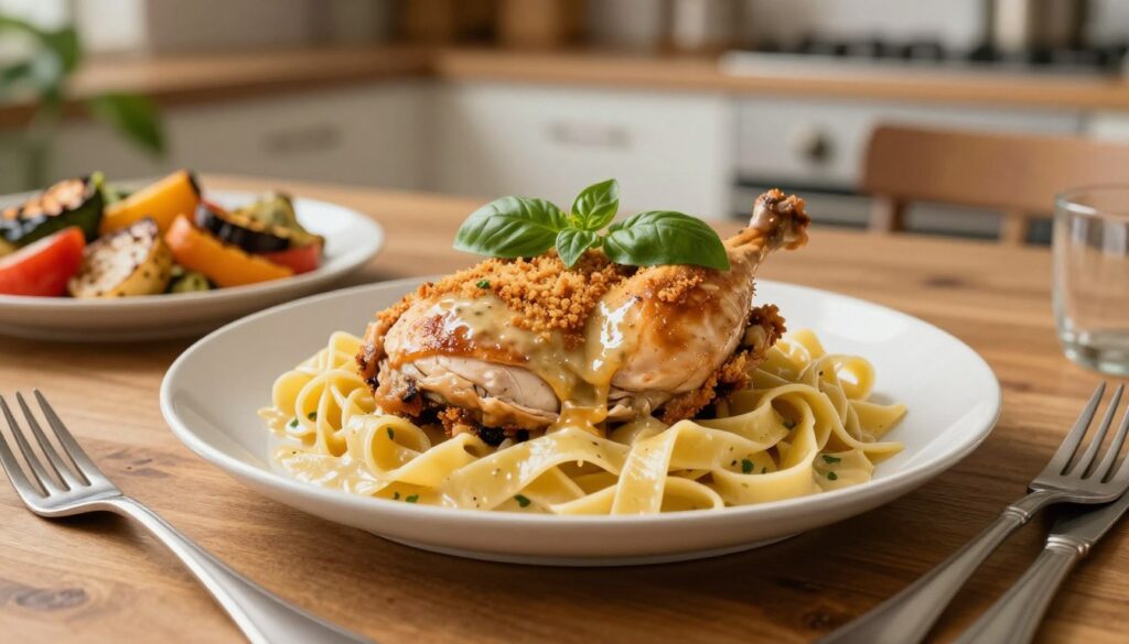 Italian Chicken Milano with tender chicken breasts in creamy Parmesan sauce with sun-dried tomatoes and fresh basil.
