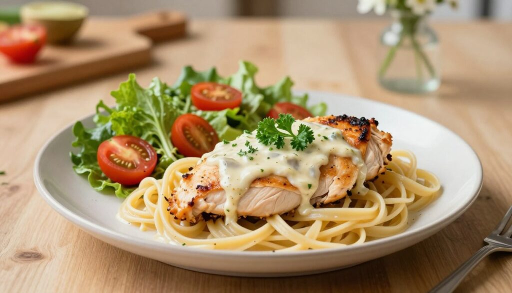 Italian Chicken Milano with tender chicken breasts in creamy Parmesan sauce with sun-dried tomatoes and fresh basil.