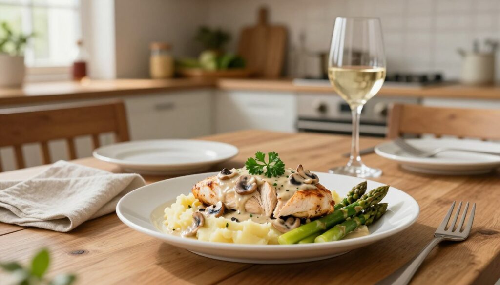Italian Chicken Milano with tender chicken breasts in creamy Parmesan sauce with sun-dried tomatoes and fresh basil.